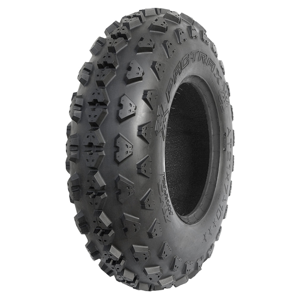 Angled view of the AMS Pactrax ATV and Quad front tire, featuring aggressive knob design and tough bias-ply construction, engineered to track straight at high speeds, offered for sale with free shipping.