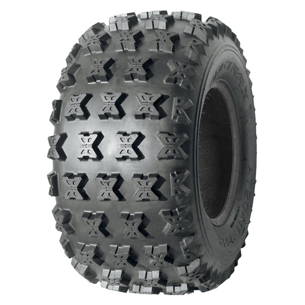 Angled view of the AMS Pactrax II (2) ATV and Quad rear tire, featuring aggressive knob design and tough bias-ply construction, engineered for premium acceleration and stopping power, offered for sale with free shipping either individually or as a pair / set of 2.
