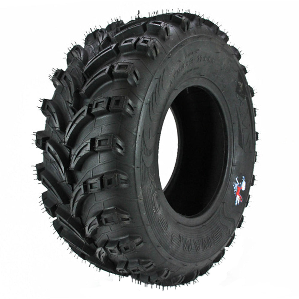 Alternate angled view of the 24x9-11 AMS Swamp Fox ATV all terrain mud tire, featuring angled lugs and textured casing to promote mud and debris cleanout from the tread.