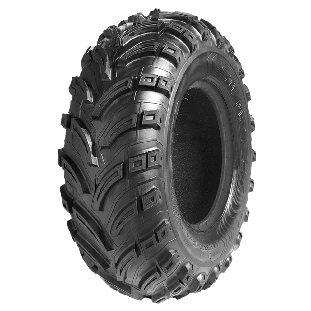 Angled view of the high traction mud and at AMS Swamp Fox tire designed for UTV, ATV, and Quads, offering strong 6-ply bias construction and offered in most sizes and a wide variety of wheel sizes, offered with free shipping.