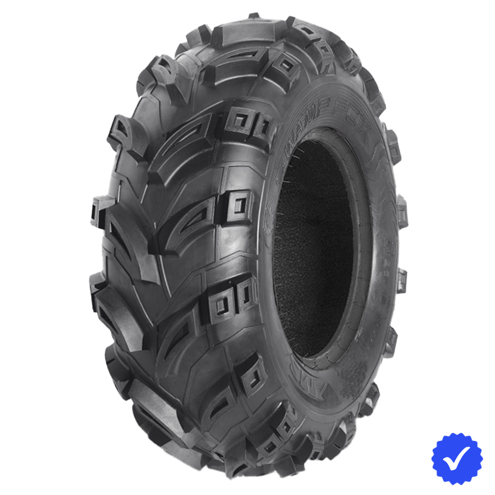 Angled view of the high traction mud and at AMS Swamp Fox Plus tire designed for UTV, ATV, and Quads, offering strong 6-ply bias construction and offered in most sizes and a wide variety of wheel sizes, offered with free shipping, featuring super deep 1.2" deep lugs.
