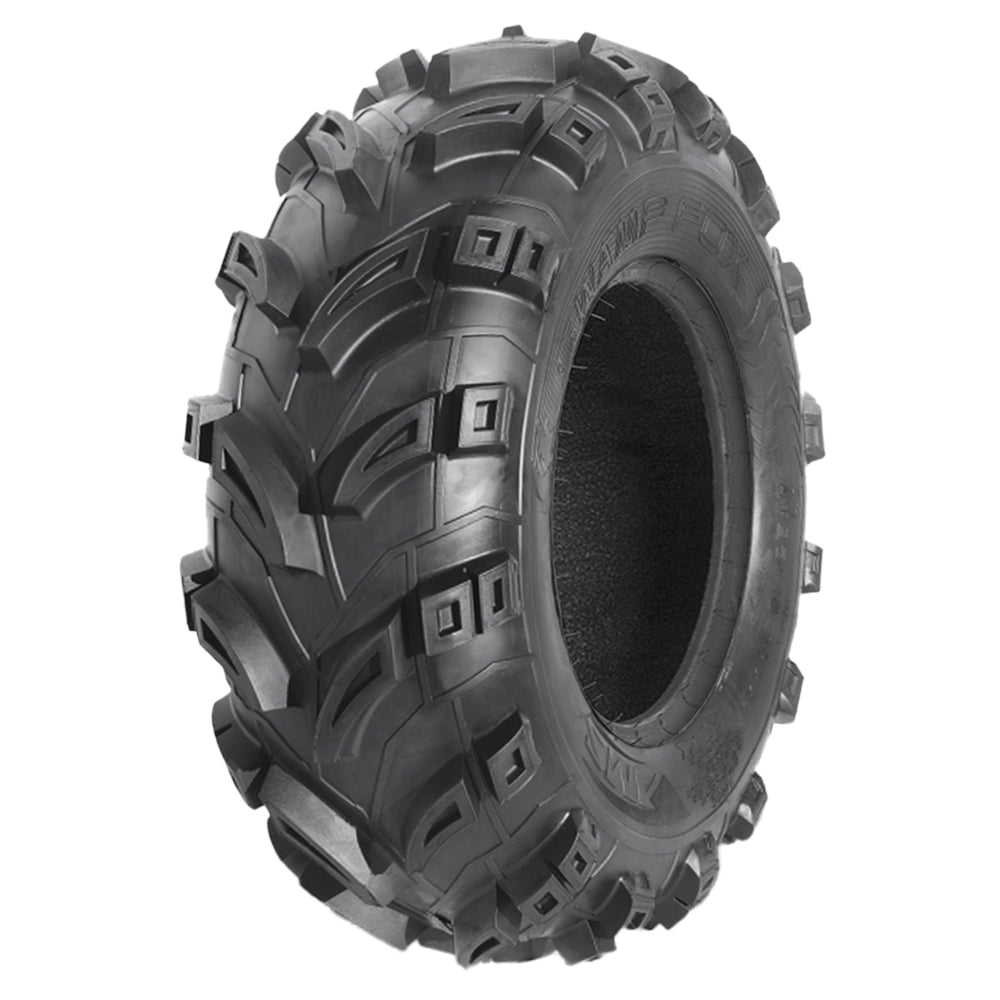 Angled view of the high traction mud and at AMS Swamp Fox Plus tire designed for UTV, ATV, and Quads, offering strong 6-ply bias construction and offered in most sizes and a wide variety of wheel sizes, offered with free shipping, featuring super deep 1.2" deep lugs.