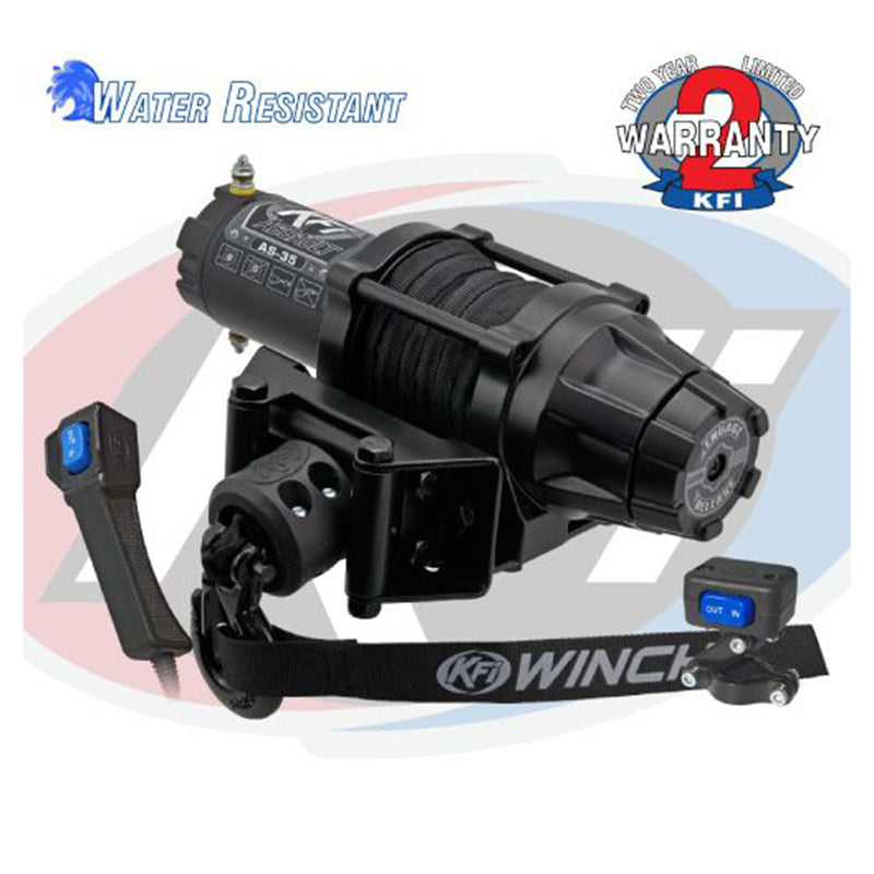 KFI AS-35 ATV winch with 3,500 pound pull rating, featuring a 2-year manufacturer's warranty and water resistant construction.