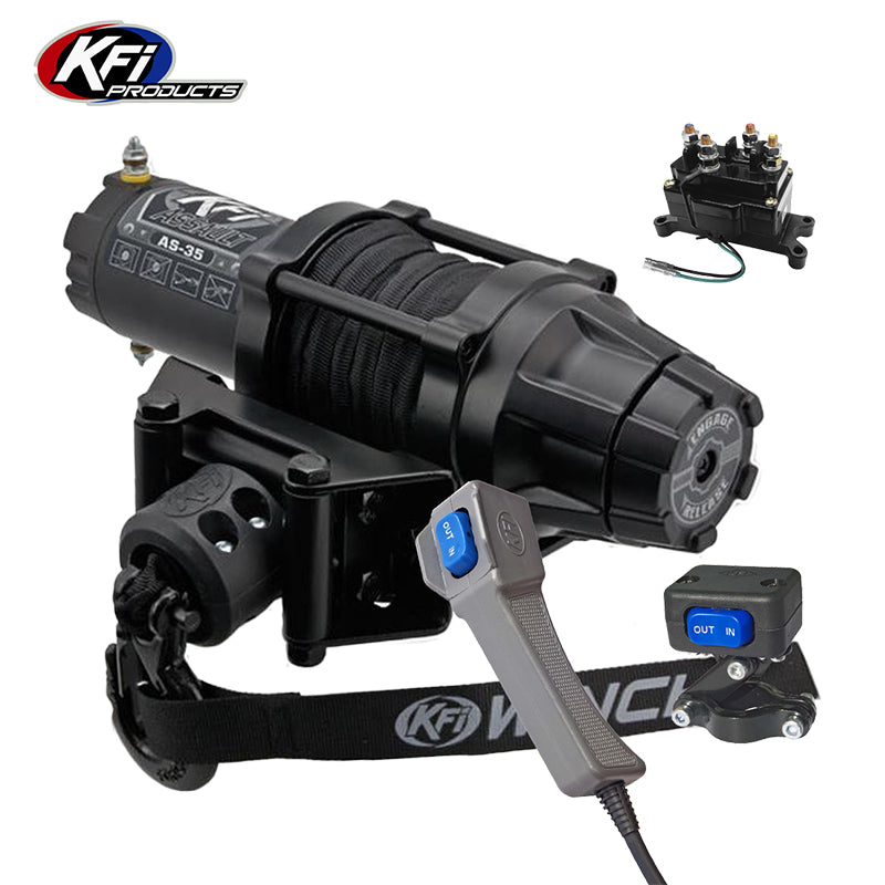 3,500 pound rating KFI AS-35 standard model UTV, ATV winch with 50' synthetic cable, handheld corded remote, heavy duty solenoid, handlebar mounted rocker switch, featuring free shipping.