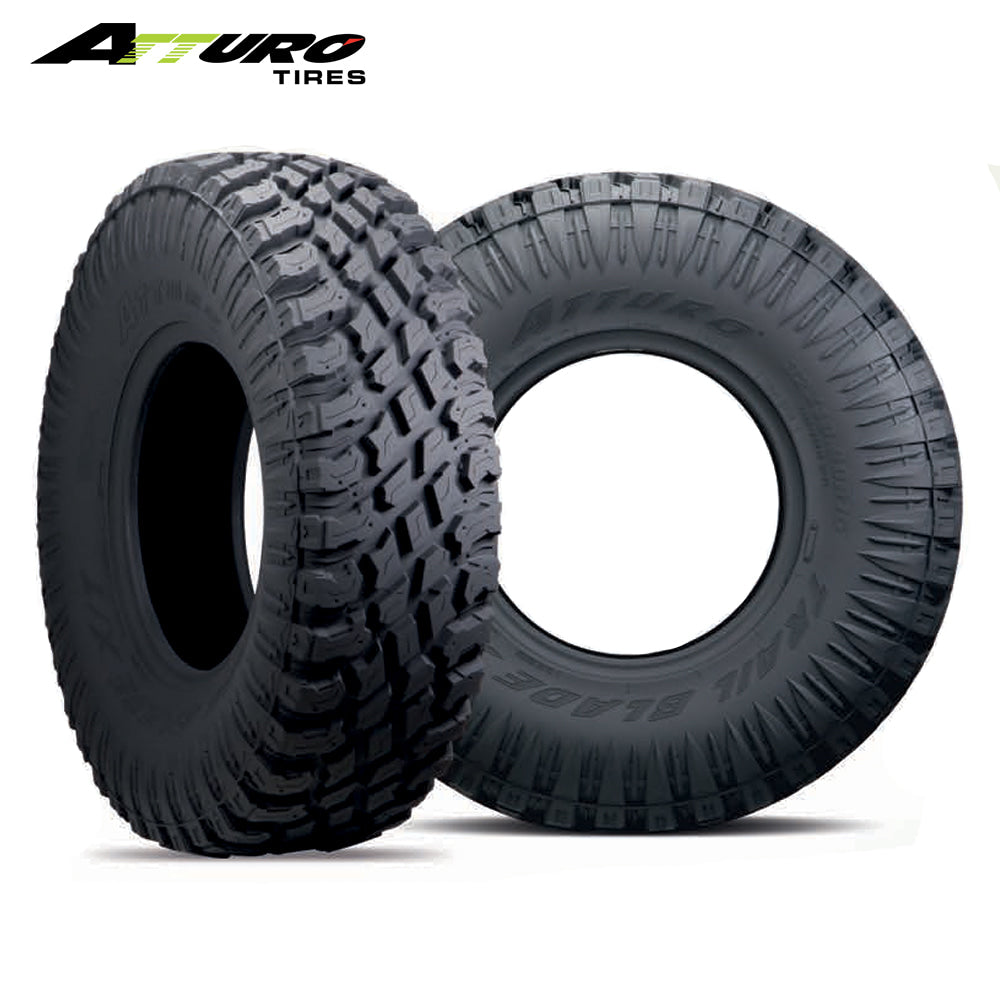 Main product photo of the premium UTV and SXS 8-Ply Steel Belted Radial SBR Atturo Trail Blade X/T SXS tire, manufactured with segmented mold construction and hybrid versatile tread pattern and high speed rating, offered with free shipping by Ride or Die Tire.