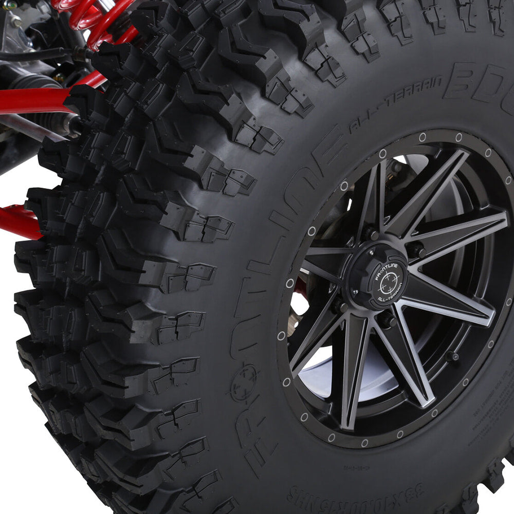 Close up view of the Frontline BDC all-terrain UTV tire mounted on a wheel, 33x10R15 size.
