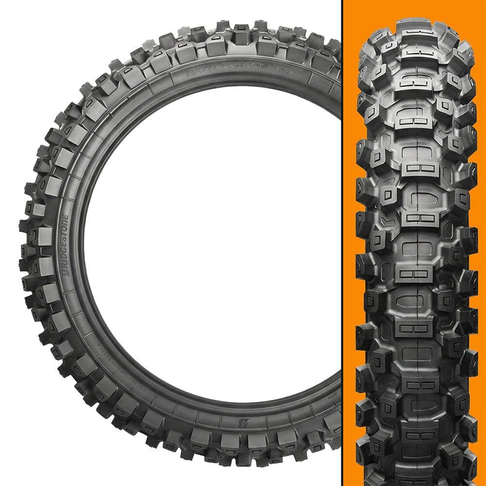 Tread pattern and sidewall view of the Bridgestone Battlecross X31 motorcycle sport, racing, and mx rear tire, displaying "castle tread", "cooling fins", and "bunker groove" technology, available with fast and free shipping on all sizes.