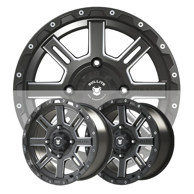 Bullite BT02 Lancer UTV/SXS wheels available for purchase in matte gunmetal or matte black machined finishes, 14" and 15" sizes available.