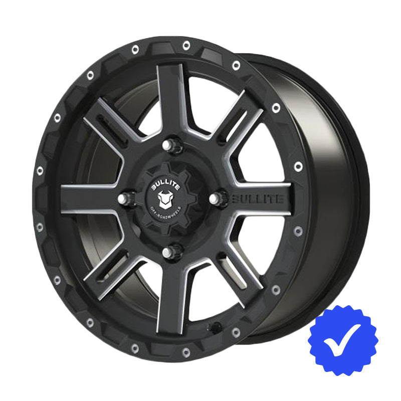 Angled view of the Bullite BT02 Lancer UTV and Side-by-Side 14" and 15" wheel in matte black and machined aluminum finish.