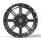 Front view of the matte gunmetal and machined aluminum finish on the 14x7 Bullite BT02 Lancer UTV, ATV, and SXS high quality wheel.