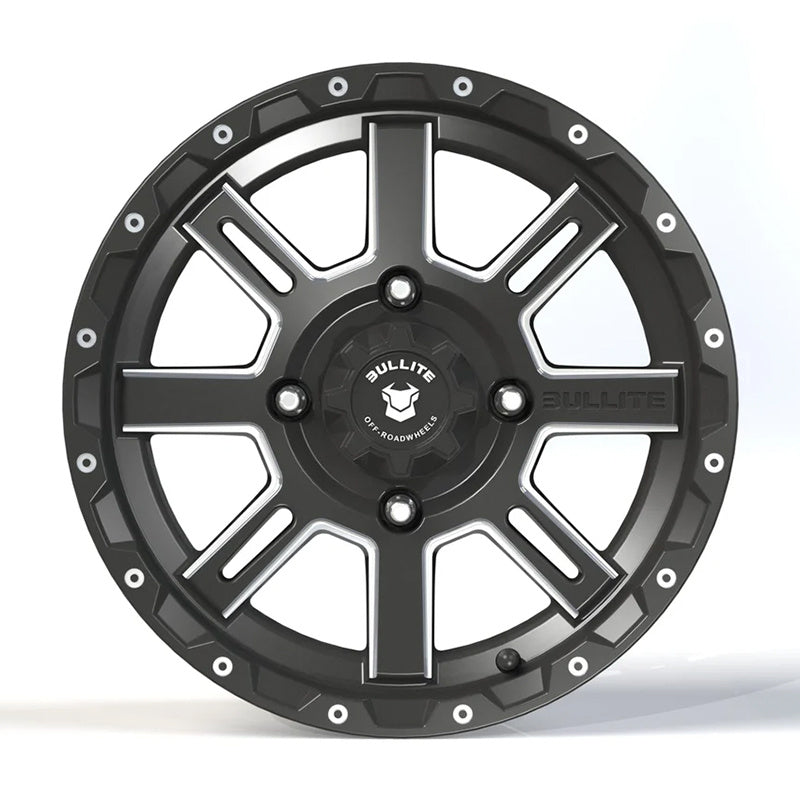Front view of the matte gunmetal and machined aluminum finish on the 14x7 Bullite BT02 Lancer UTV, ATV, and SXS high quality wheel.