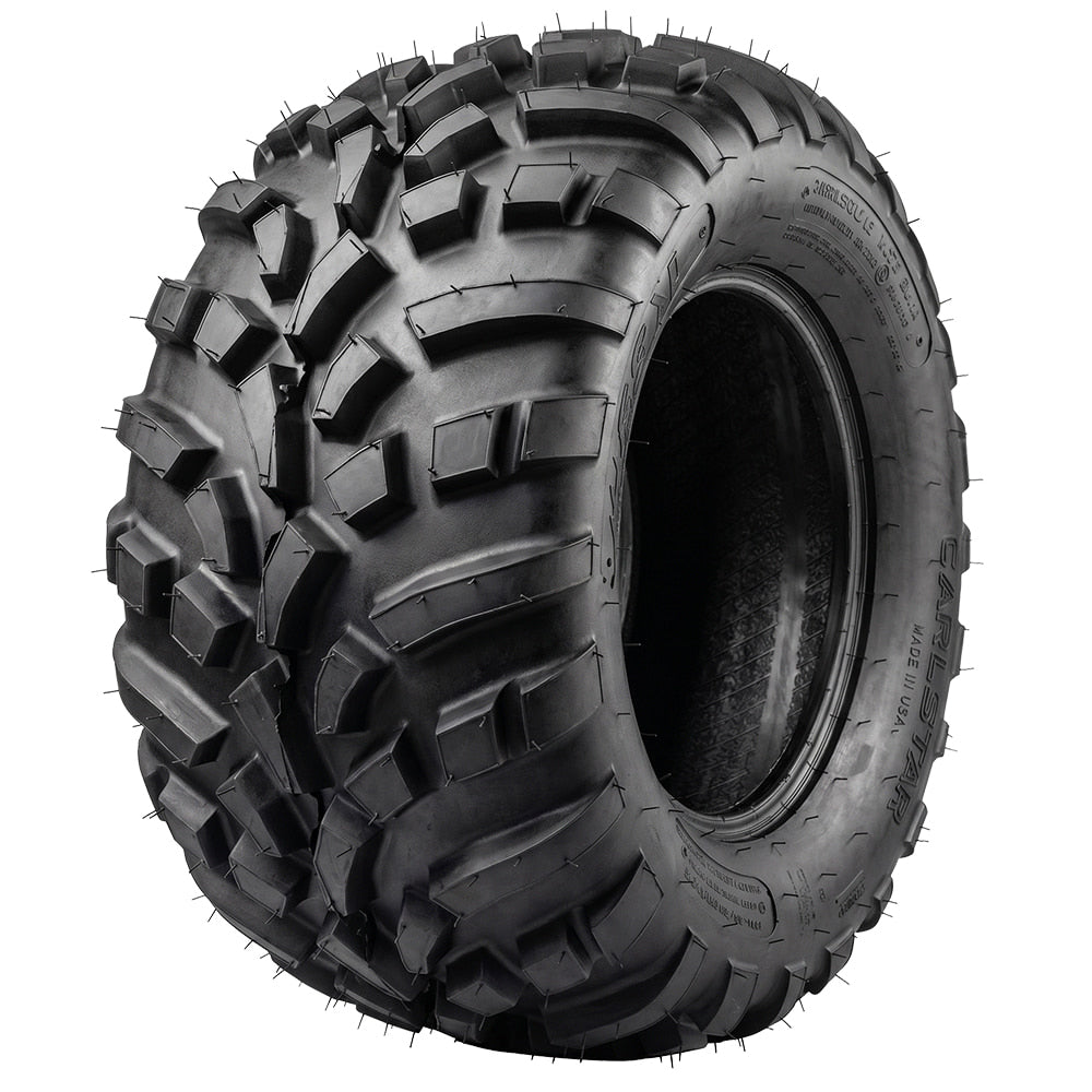 Angled view of the Made in the USA Carlstar AT489 XD Bias 8-ply heavy duty utility cart and UTV tire, showcasing a high traction directional mud and all terrain design in 25x11-12 sizing but available in many sizes, all offered with free shipping.