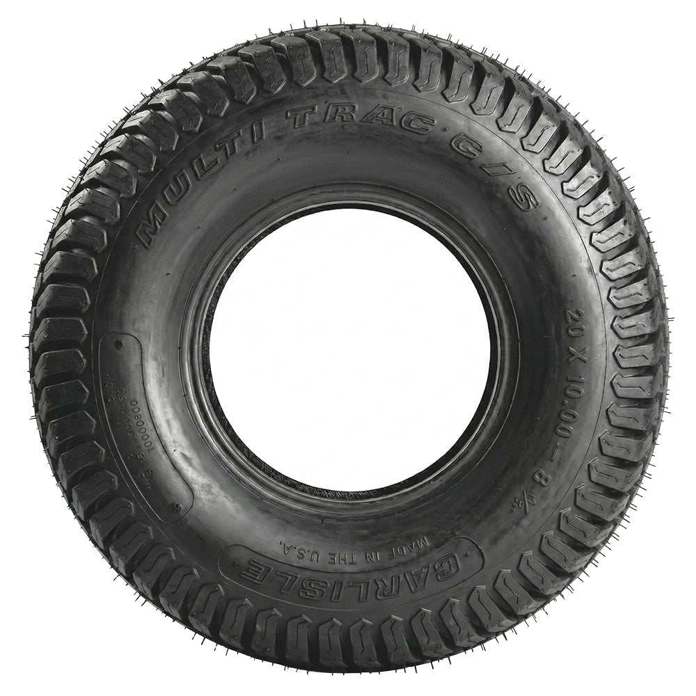 Full sidewall view of the Carlstar MultiTrac CS lawn and garden tire in 20x10.00-8 size, showing the Made in the USA stamping on the sidewall, as well as the robust wrap around shoulder lugs.