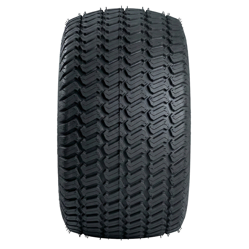 Full tread pattern view of the Carlisle Multi-Trac C/S ZTR tire, suited well for lawn and garden, golf, utility, and small garden tractor applications, manufactured from 2-ply to 10-ply bias construction, and featuring high traction "s-block" tread design with siping and deep tread depth for maximum mowing capability.