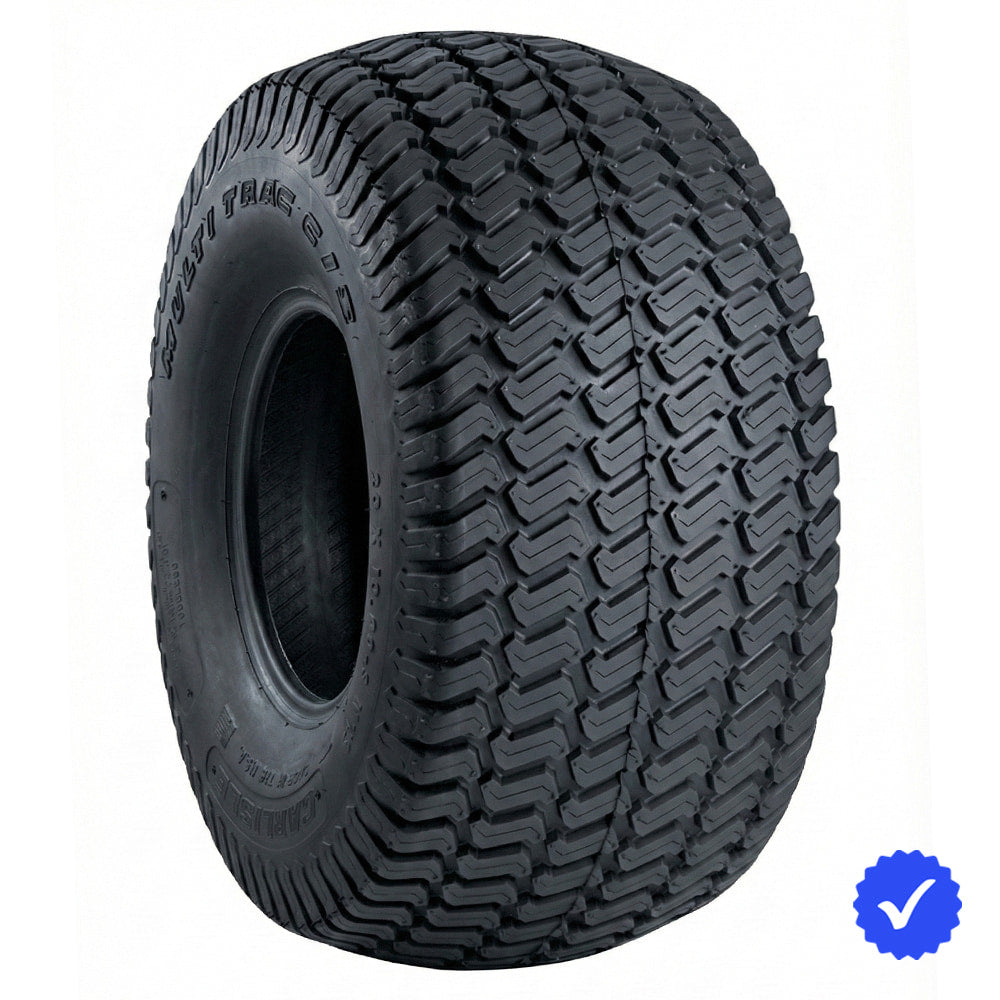 Angled view of the high quality professional grade Carlisle Multi-Trac C/S lawn and turf tire, perfect for personal lawns or professional landscapers and lawn services, offering maximum traction and minimal damage, strong bias-ply construction, and available in a huge selection of sizes, all offered with fast and free shipping.