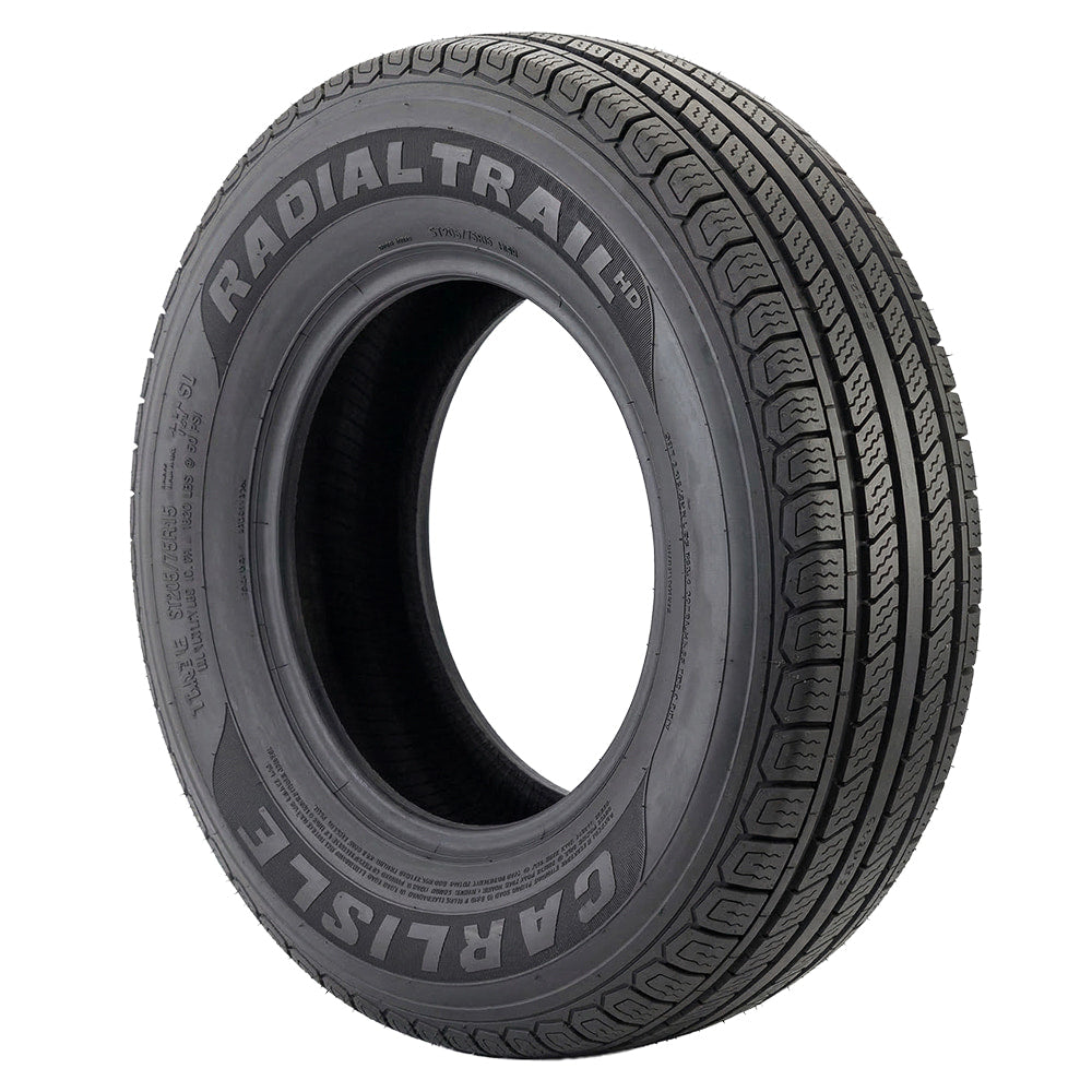 Angled view of the high quality steel belted radial Carlisle Radial Trail HD trailer tire, available in a wide variety of sizes and load ranges for most boat trailer, cattle trailer, utility trailer applications, sold with fast and free shipping by Ride or Die Tire.