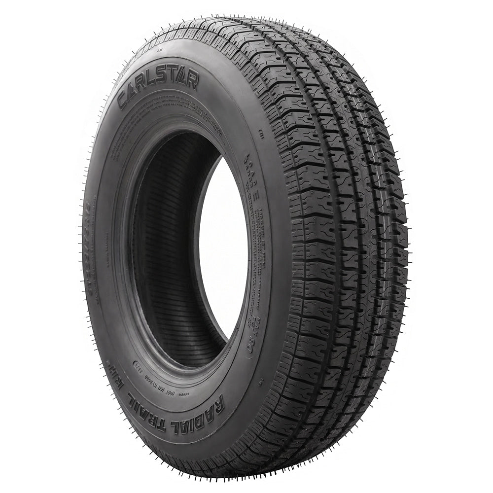 Angled view of the Carlstar (Carlisle) Radial Trail RH2 Load Range E tire in 235/80R16 size, featuring long lasting tread design, 3,520 lb load rating, and fast and free shipping from Ride or Die Tire, Part # 6H22886.
