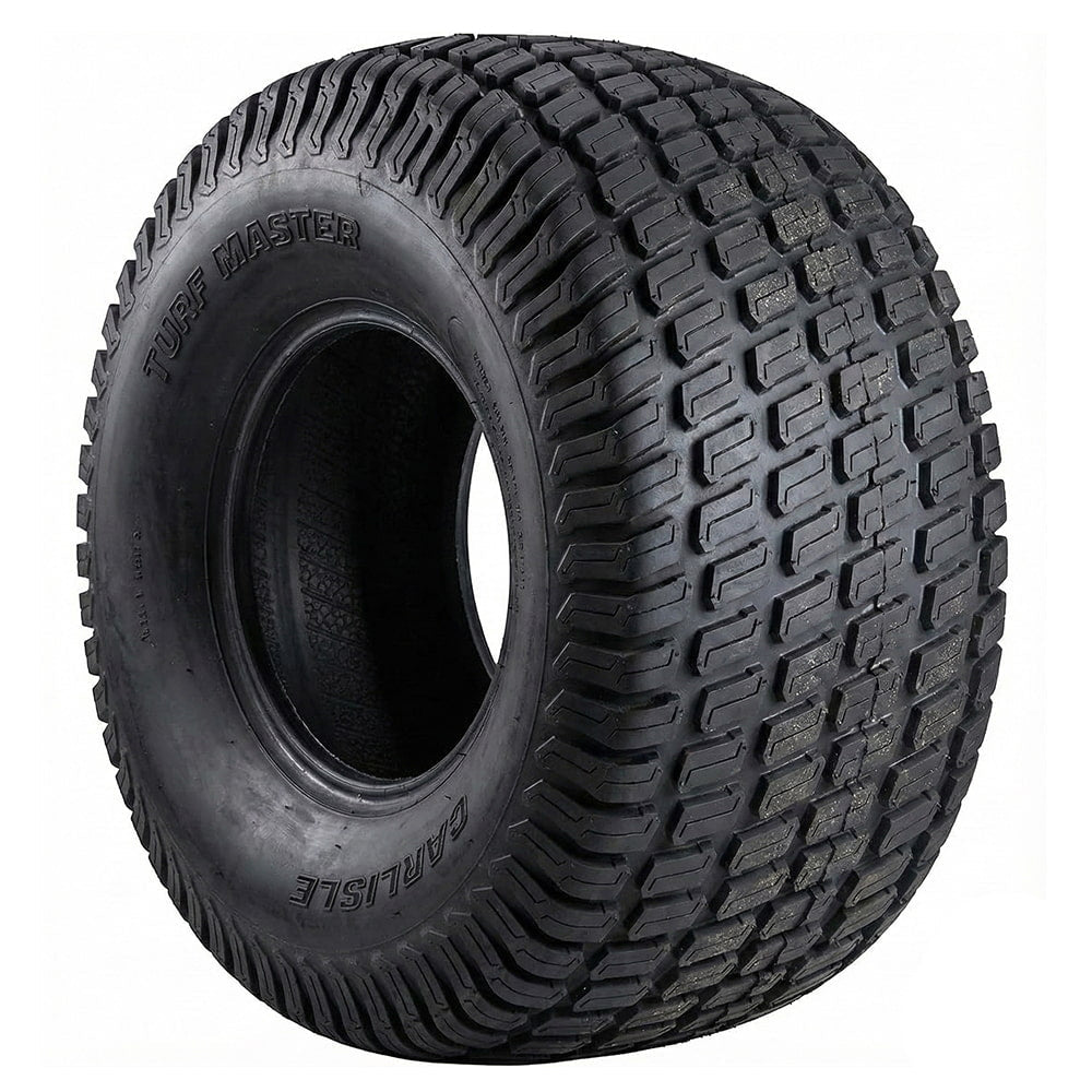 Angled view of the new Carlisle Turf Master Plus tubeless bias-ply lawn and garden, UTV, ZTR, and golf tire, engineered to be gentle on lawns while still providing good traction and long lasting professional grade tread pattern, offered with fast and free shipping.