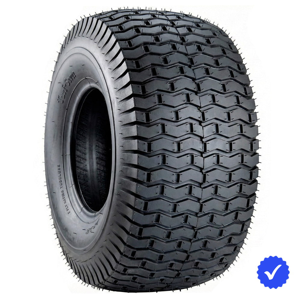 High definition, angled view of the capable and versatile Carlstar (formerly Carlisle) Turf Saver lawn, garden, tractor, and zero-turn bias-ply tire, showcasing a turf-friendly chevron tread pattern and wide flat contact profile to minimize damage and compaction to yards, available in huge variety of sizes with fast and free shipping.