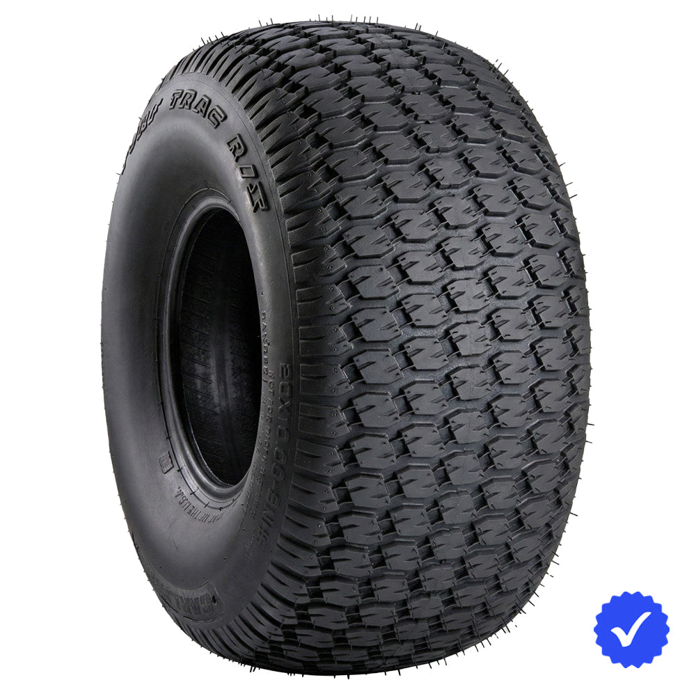 Angled view of the Carlstar Turf Trac R/S premium lawn / turf tire available in a wide variety of sizes and ply ratings, all sizes featuring a high traction "s" lug design for utility, golf, lawn and garden, zero turn ztr, and lawn tractor applications, all offered with free shipping.