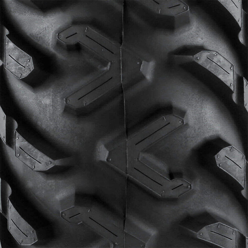 Close up view of the tread pattern and lug design of the new ITP Terra Cross R/T all-terrain radial UTV and ATV tire designed for hard pack, medium pack, and soft pack terrains.
