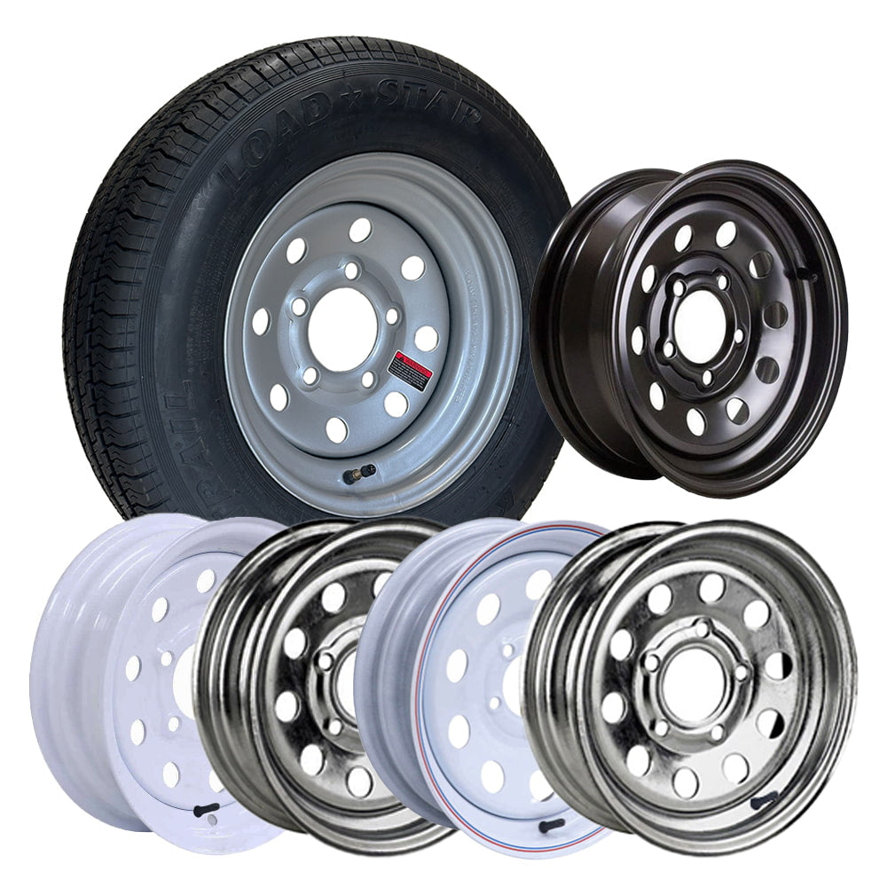 12" Kenda trailer rim and tire combo with 145R12 S-Trail Radial Load Range E tire mounted on silver, chrome, galvanized, white, white w/ stripes, or black steel zero offset wheels.