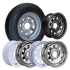 12" Kenda trailer rim and tire combo with 145R12 S-Trail Radial Load Range E tire mounted on silver, chrome, galvanized, white, white w/ stripes, or black steel zero offset wheels.