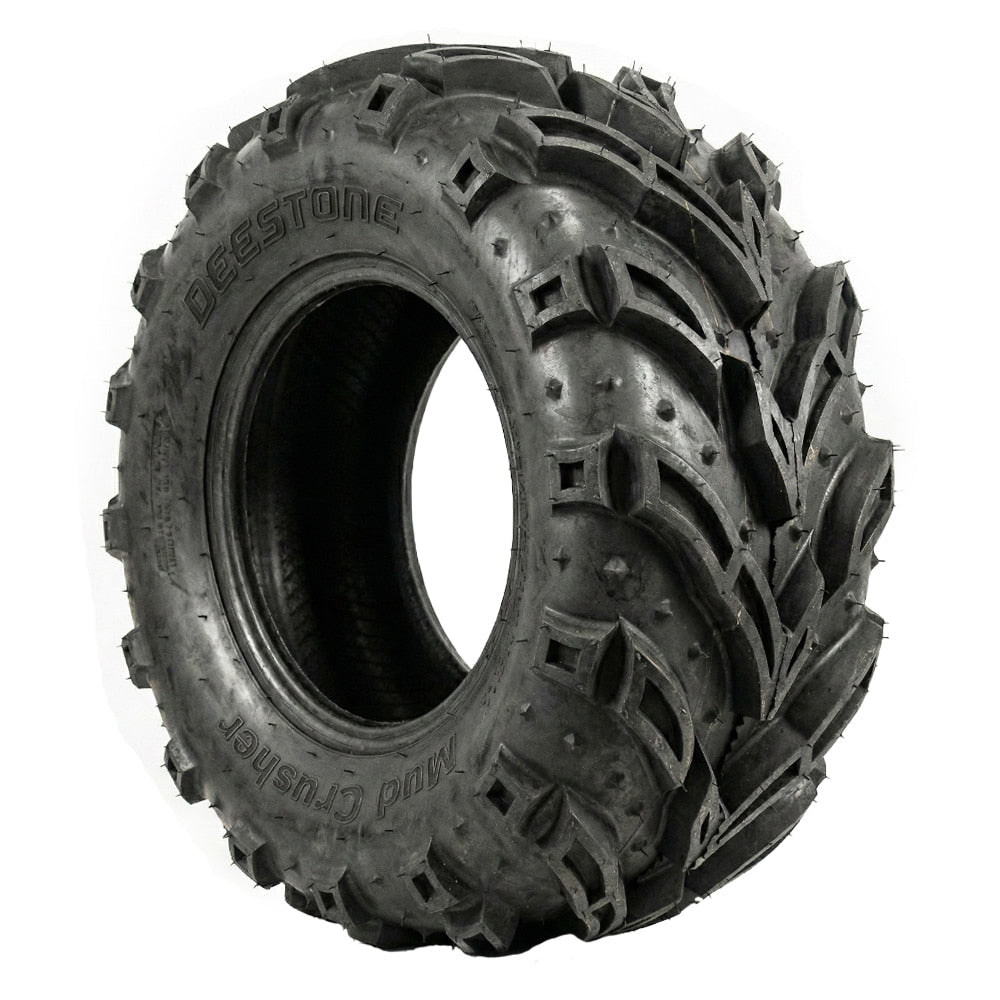 Angled view of the affordable, durable, and high traction 6-Ply Nylon Bias construction Deestone D936 Mud Crusher ATV, and Quad tire, available in 10", 11", and 12" rim sizes, sold with fast and free shipping.