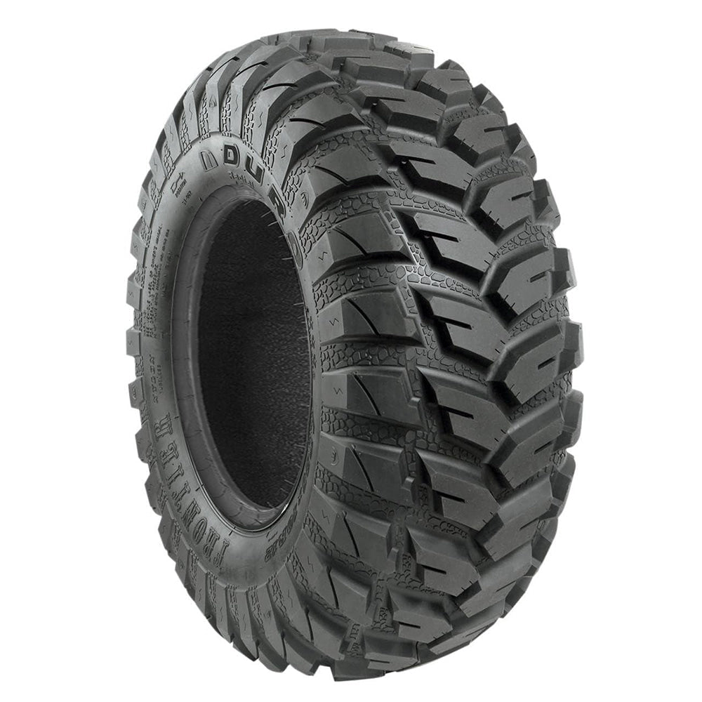 Angled view of the Duro DI-2037 Frontier front SXS and UTV tire, featuring radial 4-ply or 6-ply construction and all-terrain capability with directional tread pattern in 12" and 14" wheel sizing, offered with free shipping.