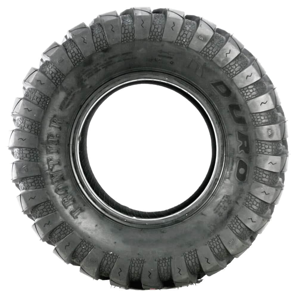 Full sidewall view of the Duro Frontier UTV tire, model DI2037, displaying the wrap-around lug design and alligator/crocodile skin design on the casing between the lugs.