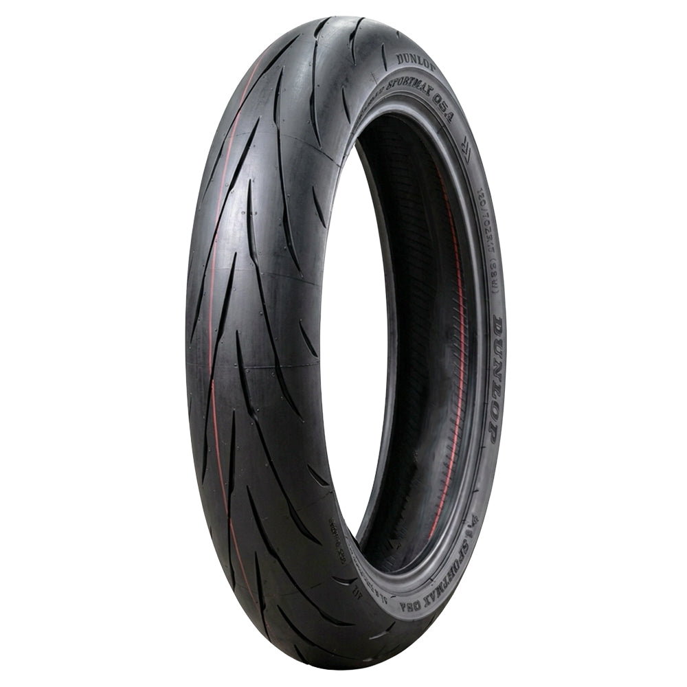 Angled view of the aggressive, new tread pattern optimized for sport riding, the Dunlop Sportmax Q5A motorcycle front tire, designed to achieve more consistent performance as the tire wears and provide exceptional balance between dry and wet grip by utilizing a more prominent silica content, offered with fast and free shipping.