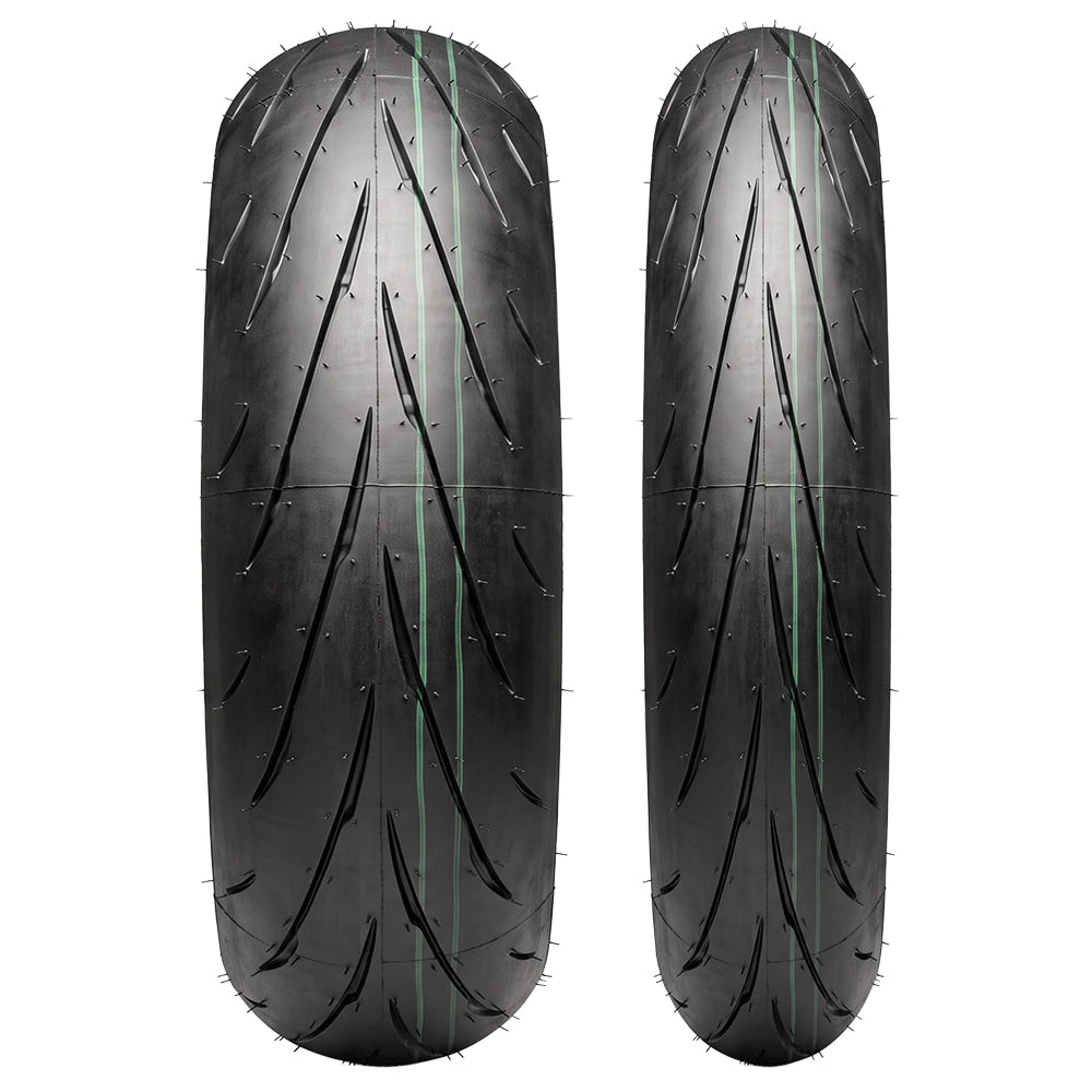 View of the tread pattern profile of both a front and rear Dunlop Sportmax Q5A high performance street, sport, and touring motorcycle tire, featuring Multi-Tread technology directional siping and lateral-grip compounds.