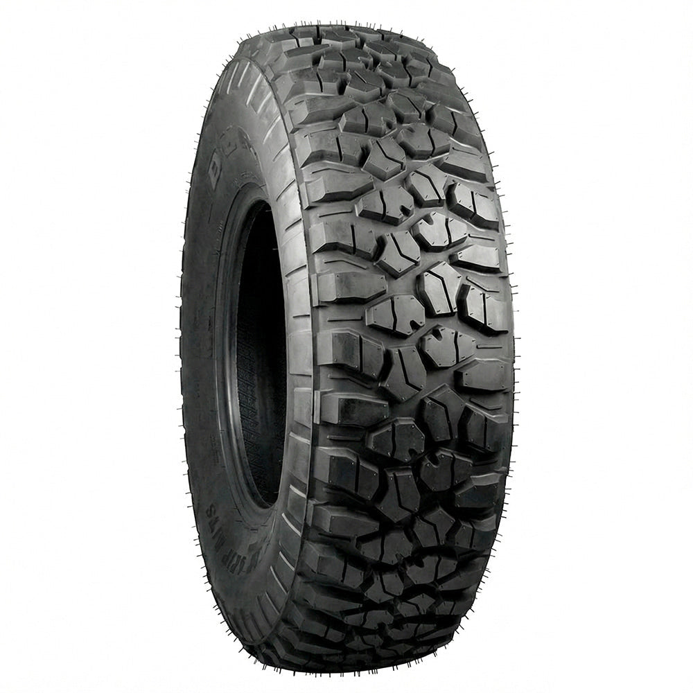 Angled view of the durable and heavy duty Duro DI-2042 Power Grip M/T 8-ply Radial tire, designed with strong load rating for UTV, SXS, and Utility applications, offered in 26x10R12, 30x10R14, 29x10R15, and 30x10R15 sizes, all with free shipping.