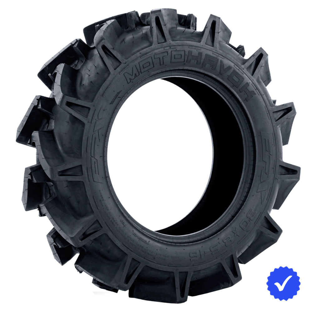 Angled view of the EFX MotoHavok ag/mud tire designed for UTV and SXS bog and mud applications, featuring tough 6-ply bias construction, unique deep rim guard for protection, and deep 2" lugs checkmark design, available in rim sizes from 14" to 24" and overall heights to 45", all offered with fast and free shipping.