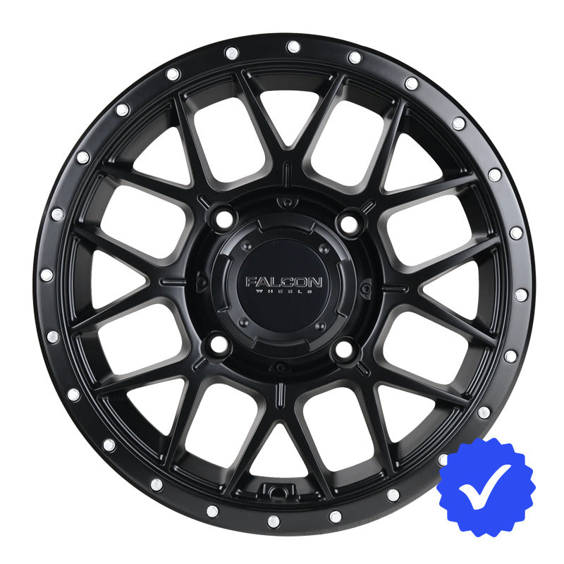 Front view of the new Falcon X1 Gunner UTV wheel in matte black finish.