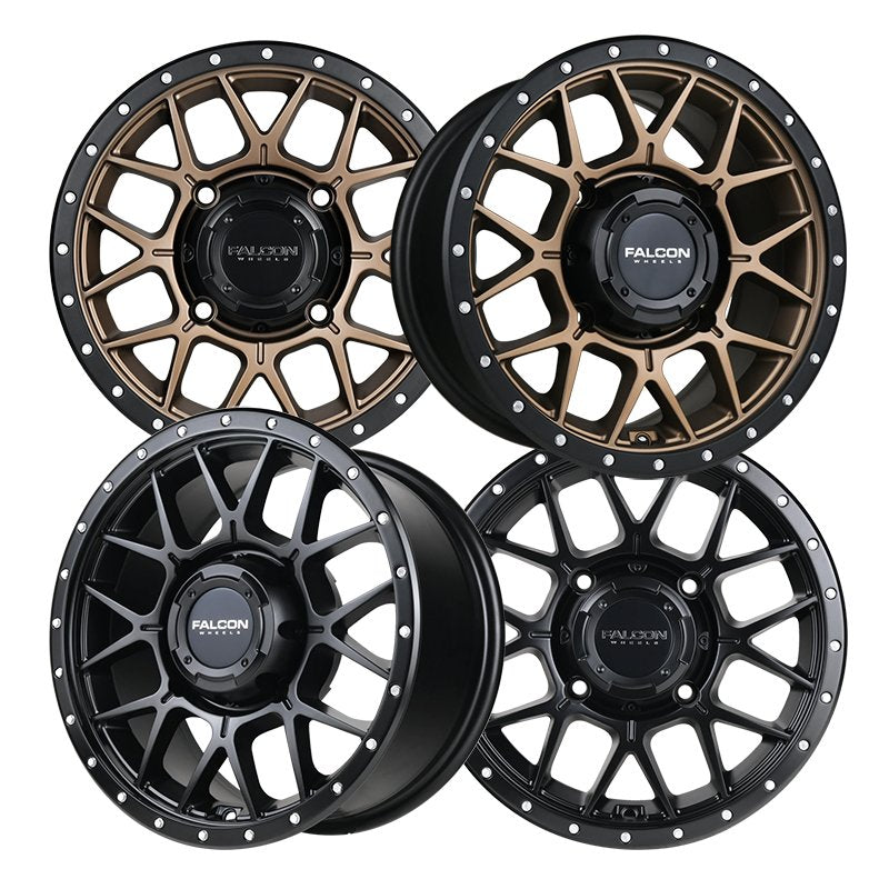 New product line of the Falcon X1 UTV/SXS wheels available in 14" and 15" sizes as well as Matte Bronze and Matte Black finishes.