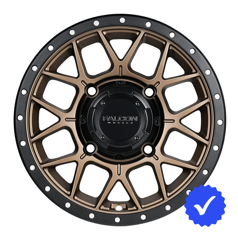 Front view of the new Falcon X1 Gunner UTV wheel in matte bronze finish with black accents.