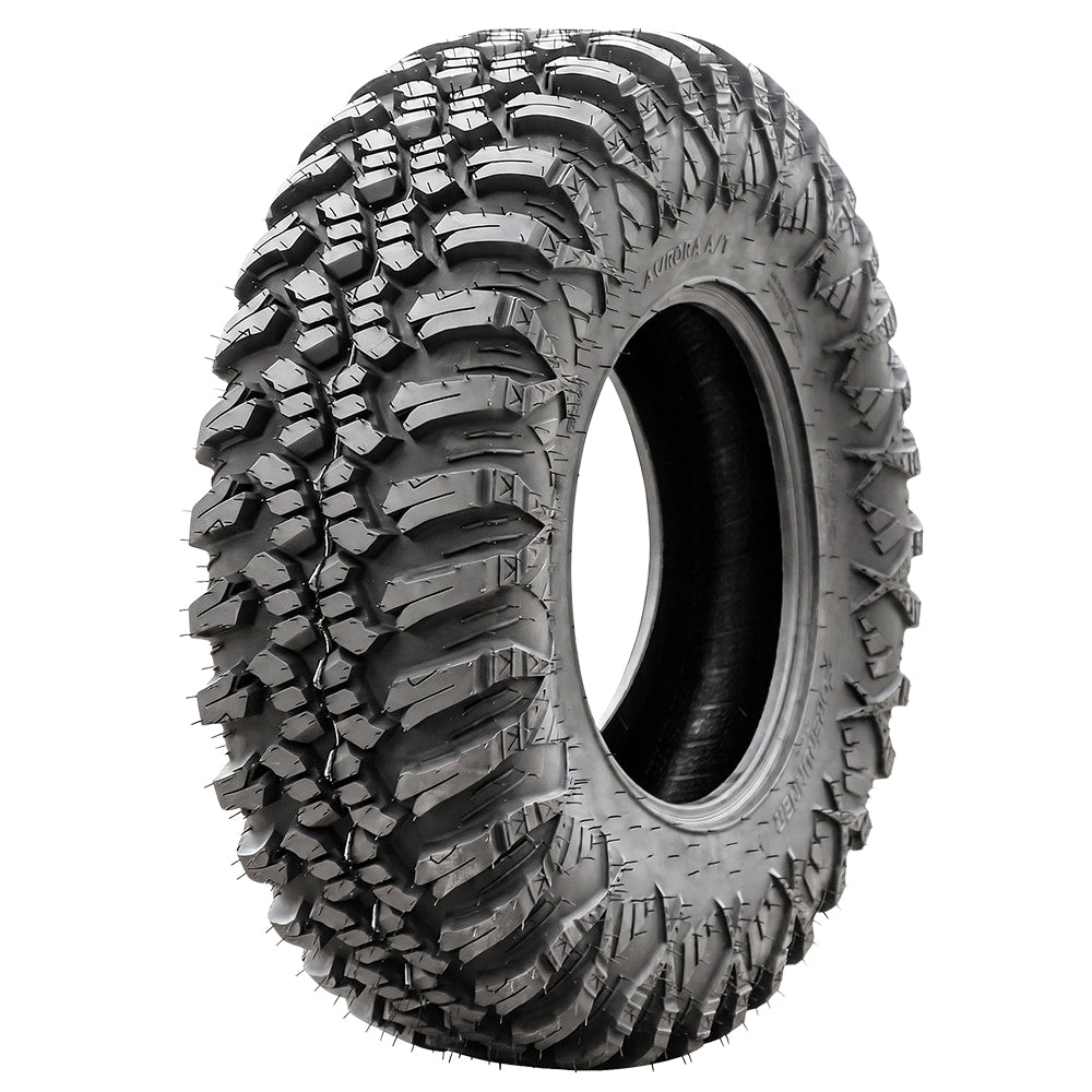 Angled view of the new Forerunner Aurora A/T 8-ply or 10-ply nylon radial All-Terrain side-by-side and UTV tire designed for general trail and rock riding, featuring tough construction and available in sizes for 12", 14", and 15" rims, all offered with free shipping.
