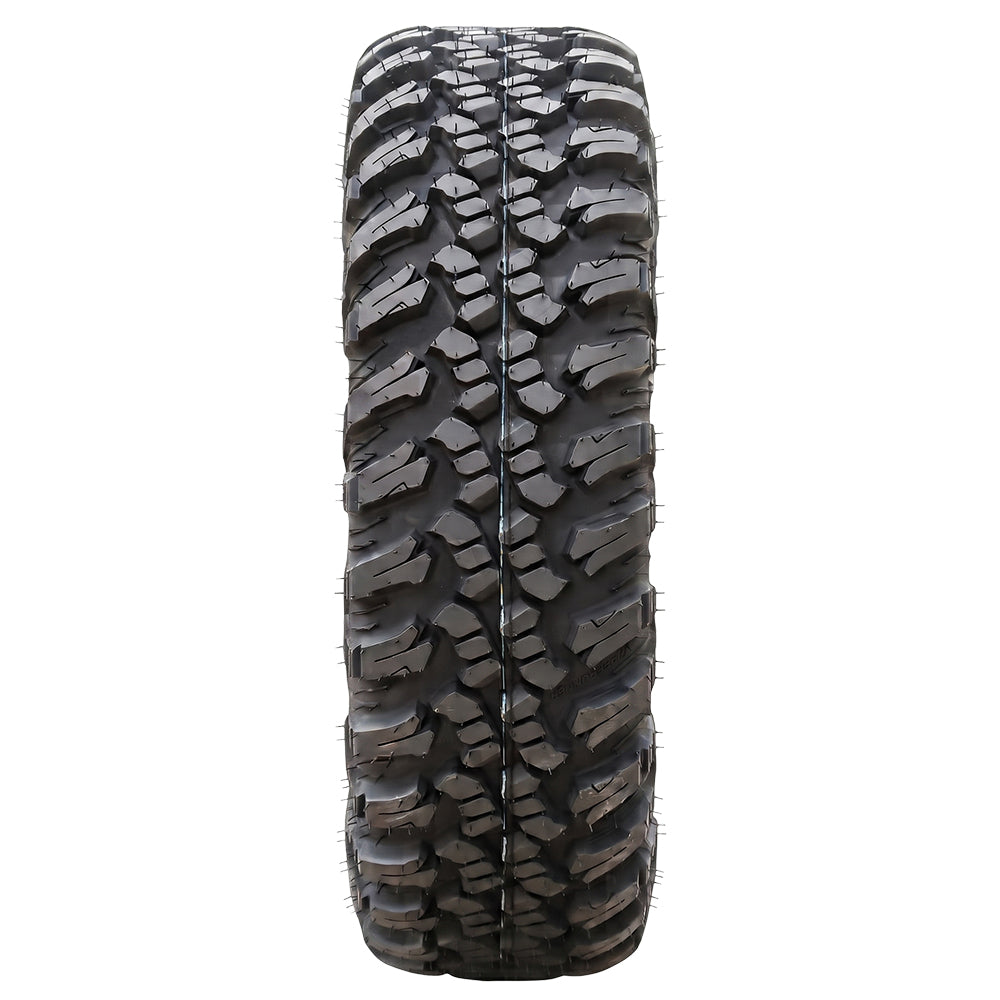 Straight head-on full tread view of the new Forerunner Aurora A/T 8-ply or 10-ply nylon radial All-Terrain side-by-side and UTV tire designed for general trail and rock riding, featuring tough construction and available in sizes for 12", 14", and 15" rims, all offered with free shipping.