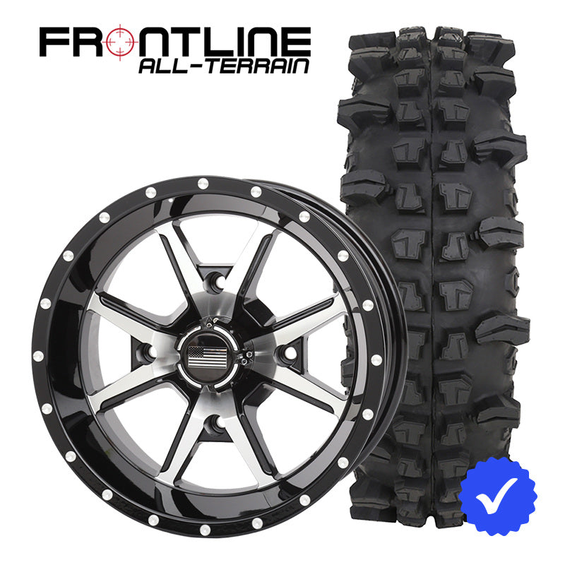 27 Inch Frontline 556 Black/Machined wheel and ACP UTV wheel and tire combo bundle.