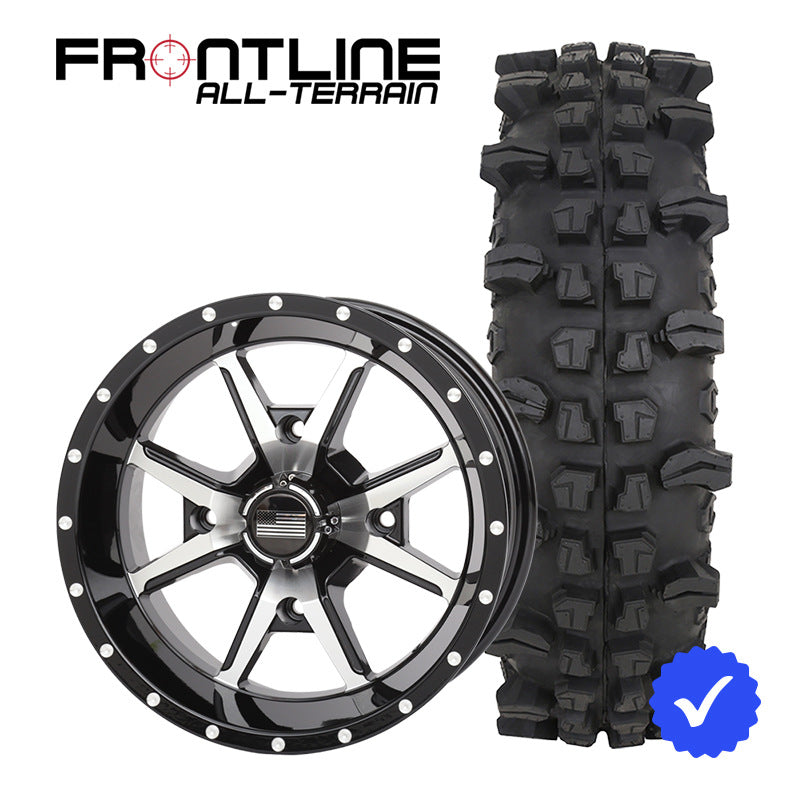 30 Inch Frontline 556 Gloss Black / Machined wheel and ACP UTV wheel and tire combo bundle.