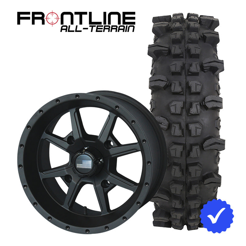 14 Inch Frontline 556 Matte Black wheel and 30" ACP UTV wheel and tire combo bundle.