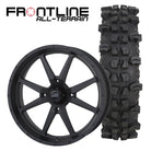Set of 4 Frontline UTV and SXS wheel and tire combo includes 20" 556 model stealth/matte black wheel paired with 33" tall ACP all-terrain radial 10-ply tire.