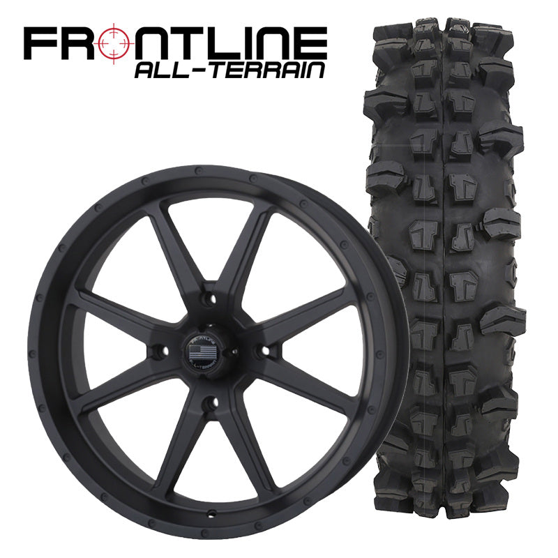 Set of 4 Frontline UTV and SXS wheel and tire combo includes 20" 556 model stealth/matte black wheel paired with 33" tall ACP all-terrain radial 10-ply tire.