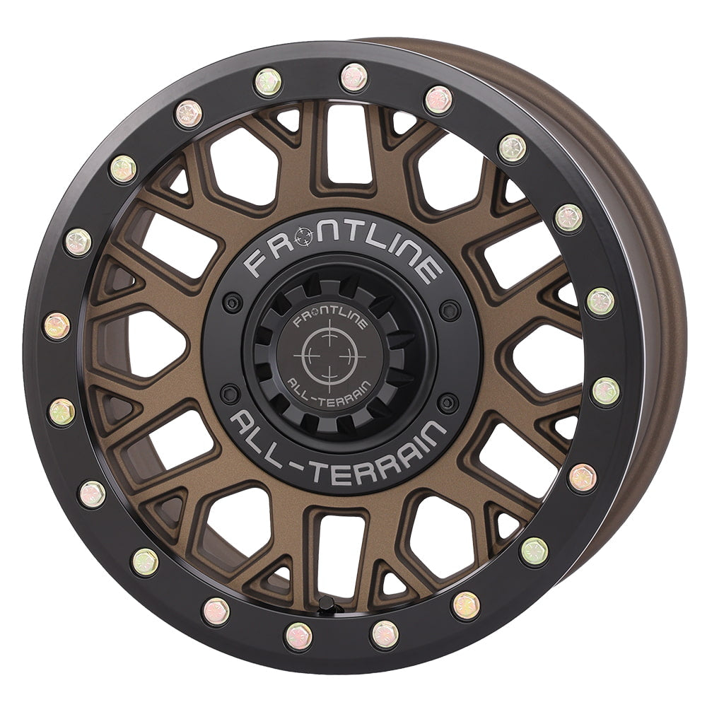 Angled view of the Brushed Bronze finish on the Frontline 454 15x7" UTV and SXS beadlock wheel, available in 4/137 and 4/156 dual bolt patterns as well as 5/4.5 bolt pattern, with 4+3 offset, sold with fast and free shipping by Ride or Die Tire.