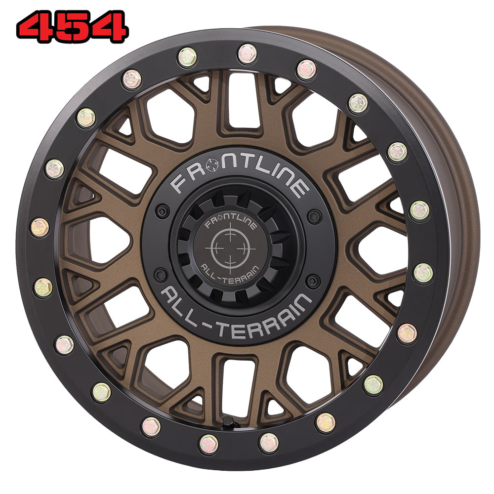 Main image and 454 logo of the Brushed Bronze Frontline 454 15x7" UTV and SXS beadlock wheel, available in 4/137 and 4/156 dual bolt patterns as well as 5/4.5 bolt pattern, with 4+3 offset, sold by authorized Frontline dealer Ride or Die Tire.