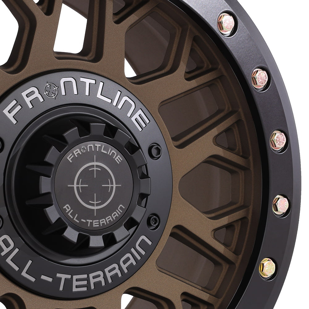Close up and detailed view of the fit and finish quality on the all new Frontline 454 Beadlock 15" UTV and SXS wheels, featuring screw-on center cap with Frontline brand logo, and high quality stainless steel beadlock ring bolt hardware.