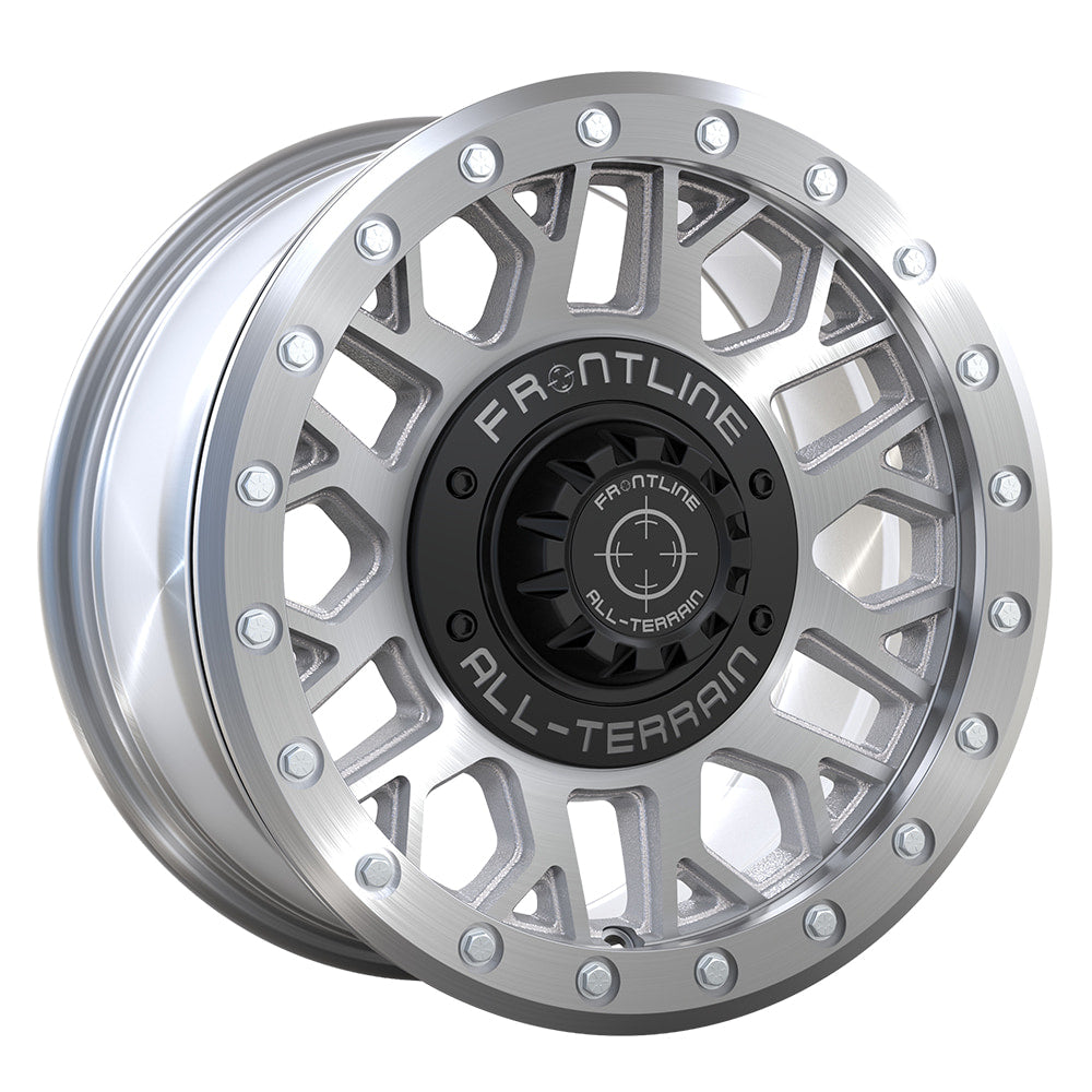 Angled view of the full machined finish on the Frontline 454 15x7" UTV and SXS beadlock wheel, available in 4/137 and 4/156 dual bolt patterns as well as 5/4.5 bolt pattern, with 4+3 offset, sold with fast and free shipping by Ride or Die Tire.