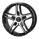 Angled view of 20" Frontline 505 wheel in black and machined aluminum finish.