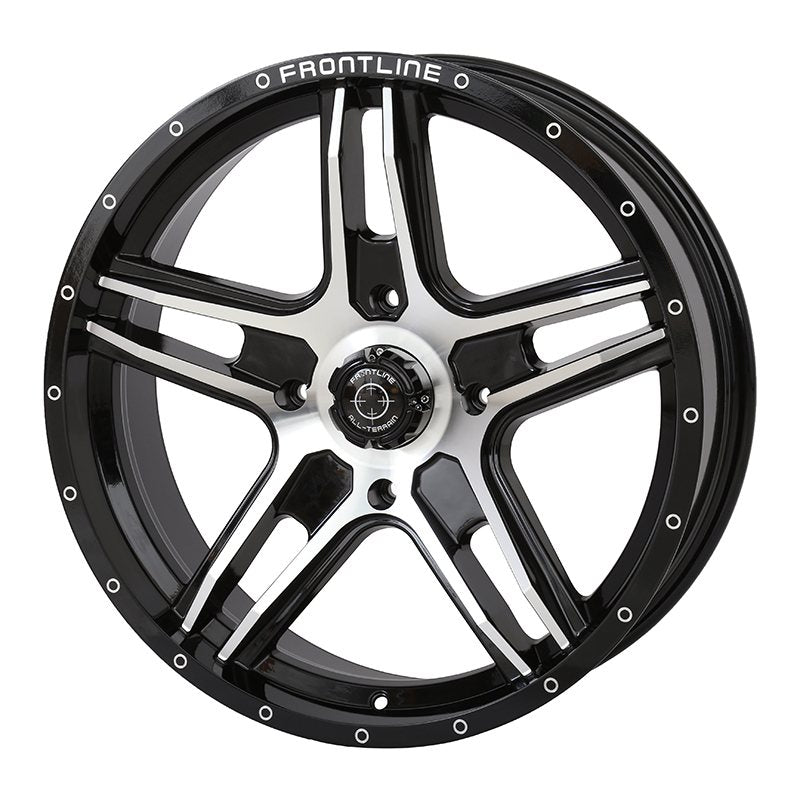 Angled view of 20" Frontline 505 wheel in black and machined aluminum finish.